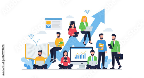 E-Learning and Professional Development. Diverse students and business people achieving career growth through online education, digital platforms, and skill acquisition.