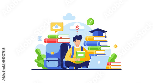 Student Studying Online Surrounded by Books and Laptop, Conceptualizing E-Learning, Academic Success, and Education Finance Investment