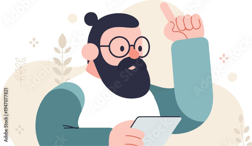 Bearded man with glasses holds tablet, points finger up thoughtfully
