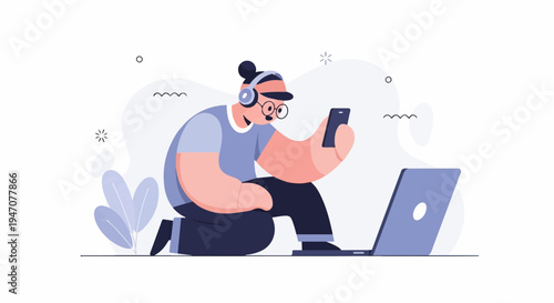 Person with headphones, glasses, and phone interacts with laptop