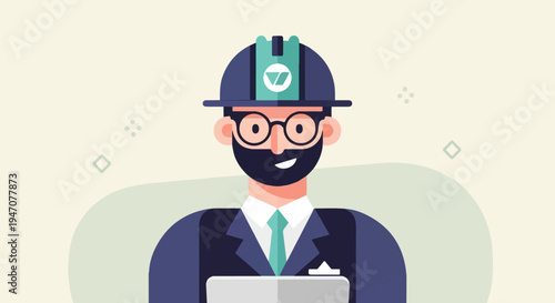 Professional man in hard hat and suit holding a tablet