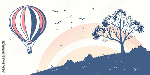 A colorful hot air balloon floating above a tree and a rainbow over a mountain range