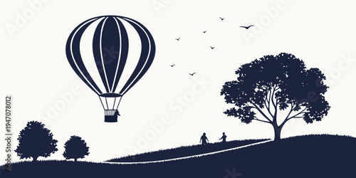 A hot air balloon floating above a serene landscape with trees and a person walking