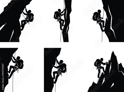 Rock climbing silhouette set mountaineer climbing cliff extreme sport adventure mountain hiking activity outdoor challenge vector illustration collection