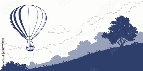 A hot air balloon floating above a tree-covered hillside with clouds in the background
