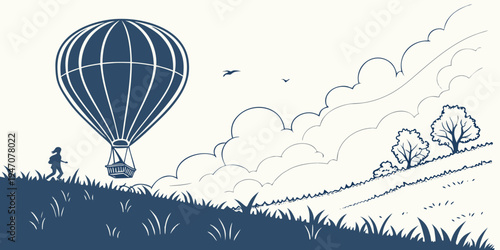 A hot air balloon floating above a landscape with mountains and clouds in the background.