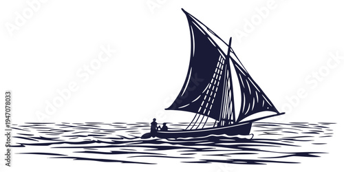 A vintage illustration of a sailboat with billowing sails navigating through choppy waters