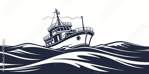 A detailed illustration of a large fishing vessel navigating through rough ocean waves.