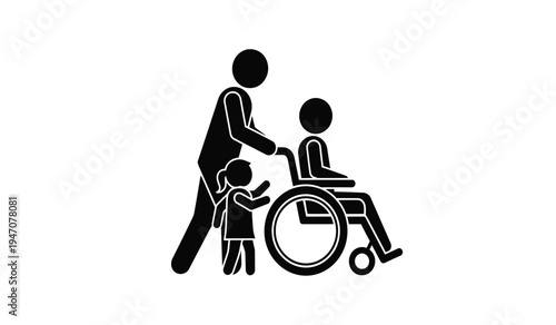 Black silhouette icon representing a caregiver assisting a child sitting in a manual wheelchair