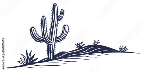 A single cactus plant with multiple arms and smaller plants around it on a hill.