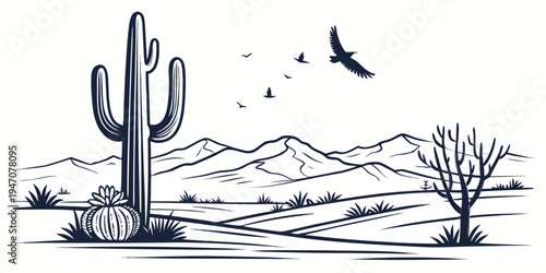 A large cactus stands tall in a desert landscape with mountains and birds flying in the sky
