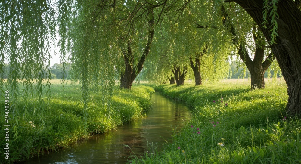 Fototapeta premium Row of mature weeping willow trees line the banks of a narrow, sunlit stream flowing through a verdant meadow.