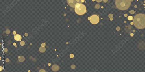 Shimmering gold particles and luminous bokeh isolated on dark transparent backdrop