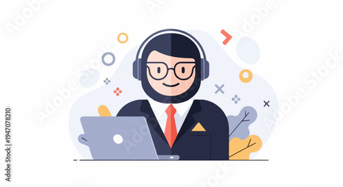 Professional assistant with headset and laptop, digital art