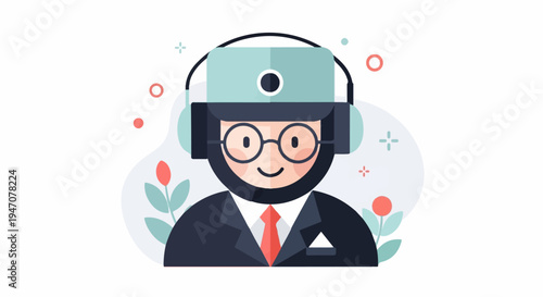 Stylized cartoon figure wearing headset, glasses, suit, and tie