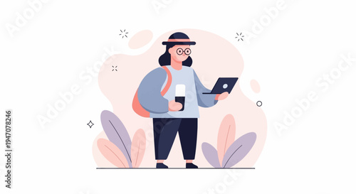Person with laptop and drink in a minimalist nature setting