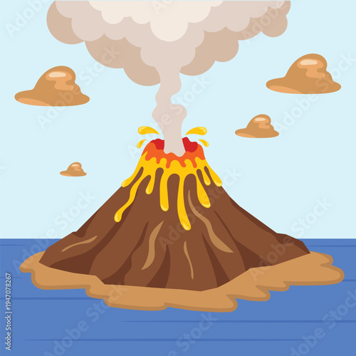 Erupting mountain volcano illustration in flat style