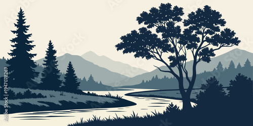 A serene landscape with a majestic tree standing tall in the foreground.