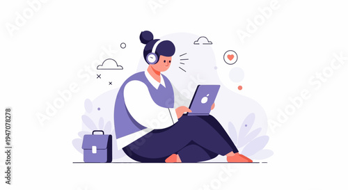 Person with headphones and laptop outdoors