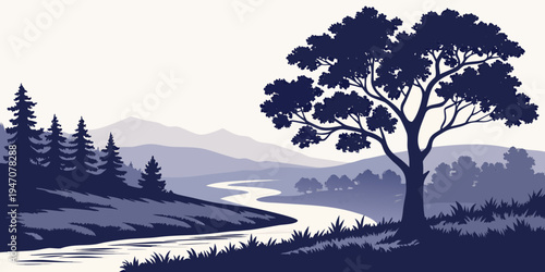 A large tree stands tall on a hill overlooking a vast, serene landscape