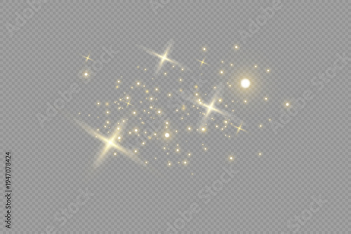 Gold sparks and golden stars glitter special light effect. Vector sparkles on transparent background. Christmas abstract.	
