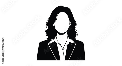 Black and white silhouette of a woman in a business suit with long wavy hair