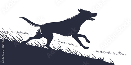 A silhouette of a dog running energetically on a grassy hill during sunset