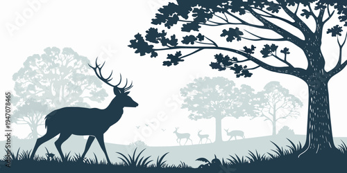 A majestic stag with large antlers standing beneath a tree with sprawling branches