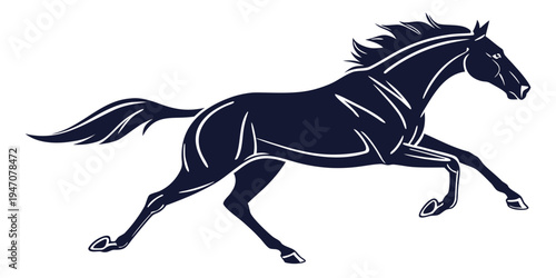 A majestic black horse running freely in a dynamic and powerful pose.