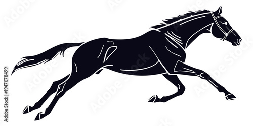 A powerful black horse running with a flowing mane and tail