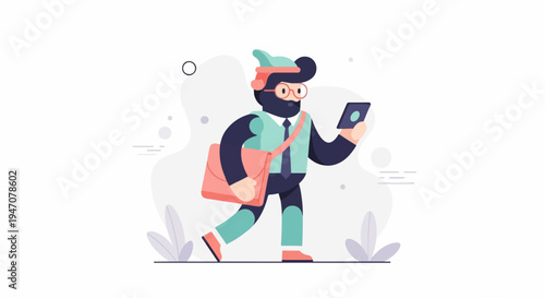 Stylized character with messenger bag and tablet walks