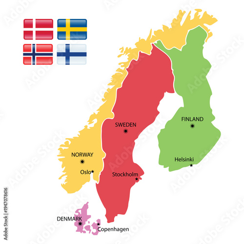Map of Scandinavia with capitals on white background