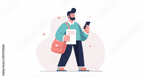 Bearded man with messenger bag and phone walks holding document