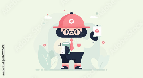 Cartoon explorer with glasses, beard, holding phone and notebook