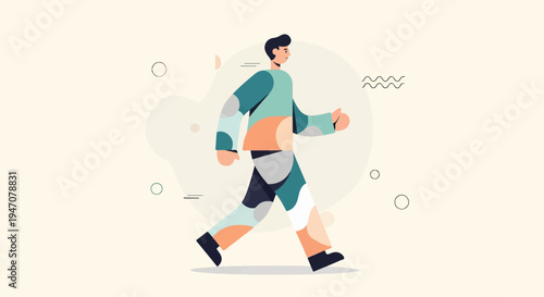 Stylized figure in a patterned outfit walking with abstract shapes