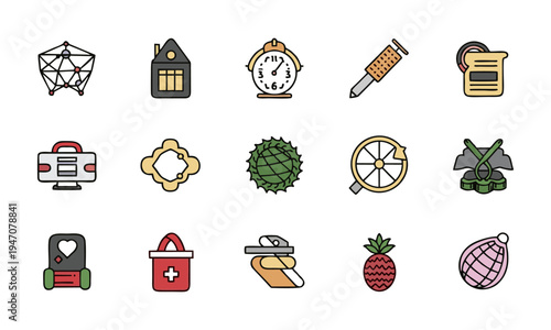 Various icons representing objects and symbols are displayed together.