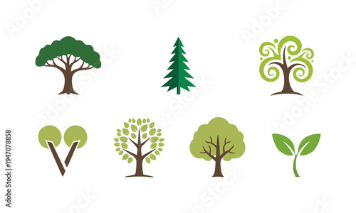 Various trees and plants are illustrated in different styles and green colors.