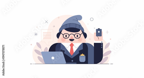 Character in suit and beanie, working on laptop, holding device