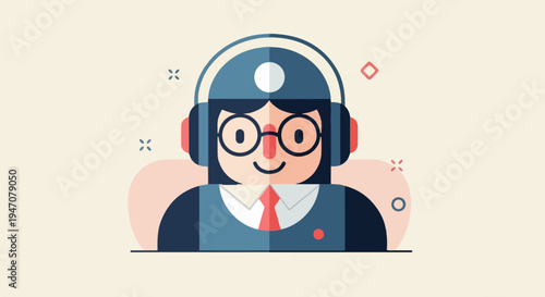 Cheerful, bespectacled person in headphones, wearing a tie and vest