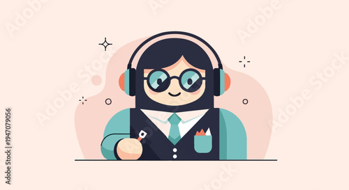 Cartoon figure with headphones and glasses, holding a pen, wearing formal attire