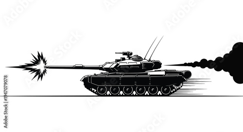 Black and white illustration of a tank firing its cannon with a burst of smoke