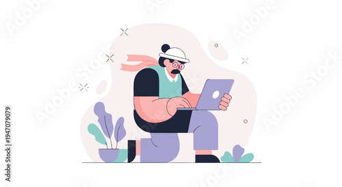 Person with hat and scarf using a laptop