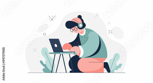 Person with headphones and glasses working on a laptop (2)