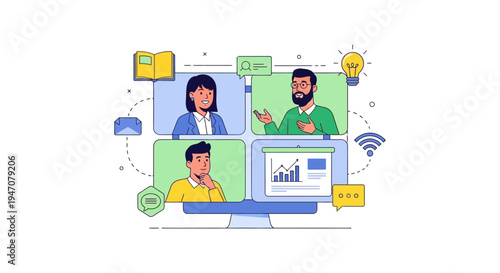 Virtual Team Video Conference and Online Education Concept. Remote work presentation, webinar, and e-learning collaboration illustration.