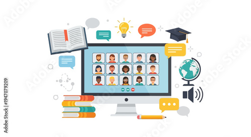 Virtual Classroom E-Learning Concept: Online Education, Video Conference, Remote Seminar on Desktop Monitor with Books and Graduation Cap