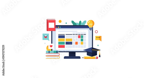 Digital Education Platform and Schedule Management System. E-Learning Courses, Graduation Cap, Books, and Idea Lightbulb Flat Illustration.