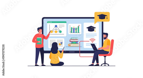 E-learning and Remote Education Concept. Digital classroom, online training, and distance learning platform with students collaborating on a giant screen.