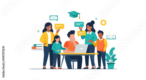 Group of Diverse Students and Mentors Collaborating on Online Education, Learning Support, or Academic Advising. Flat Vector Illustration.