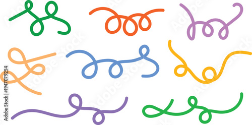 Colorful curly divider line set. Decorative swirl doodle vector collection