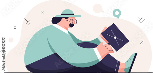 Person with hat, glasses, and mustache looking at a device